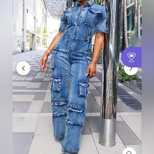 Short Sleeve Cargo Denim Jumpsuit (Size Medium 6-8)